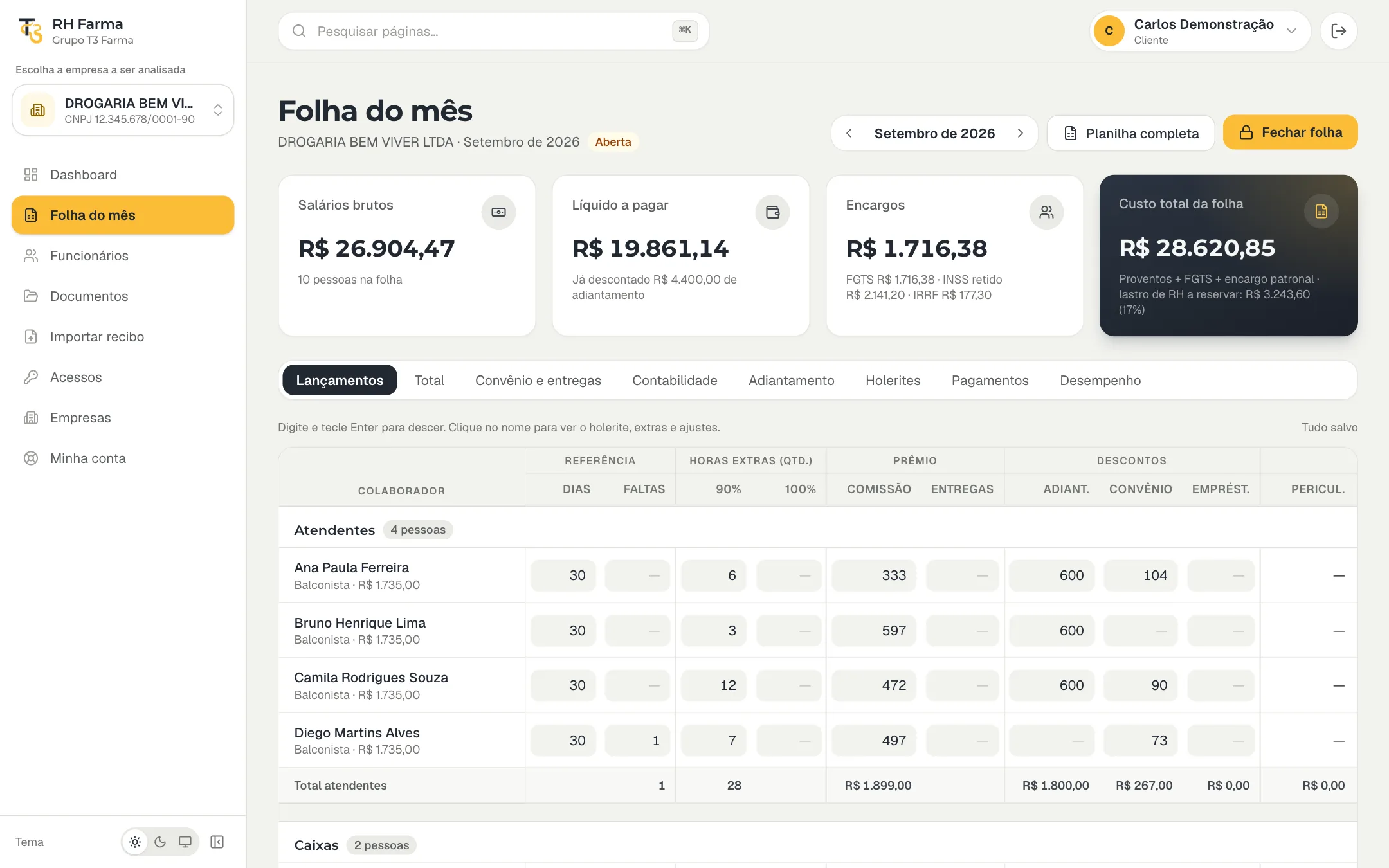 Grade da folha do mês no RH Farma