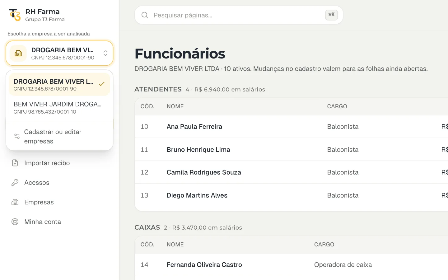 Troca de empresa no menu do RH Farma